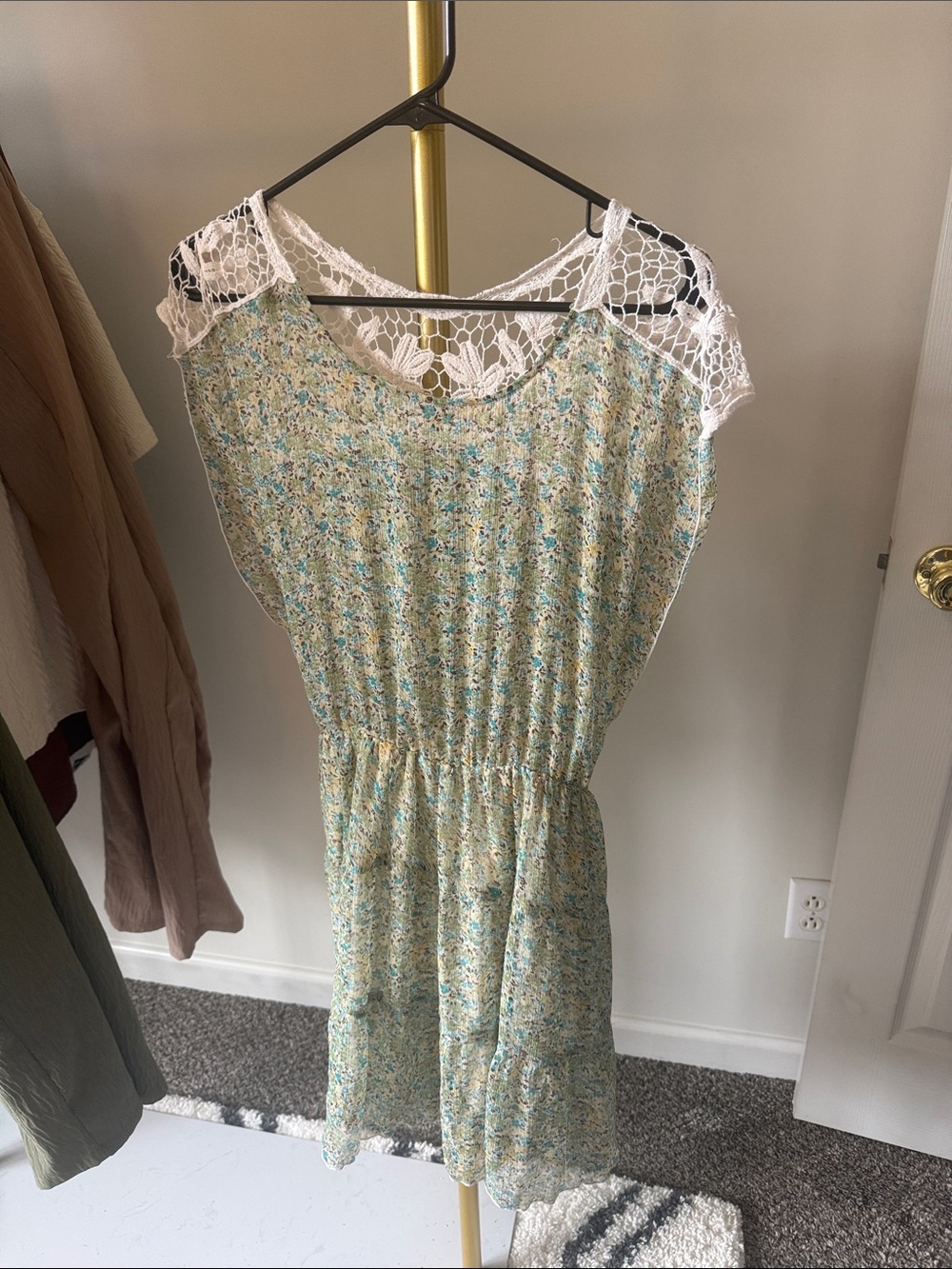 Light Green Floral Mini Dress with White Lace Yoke